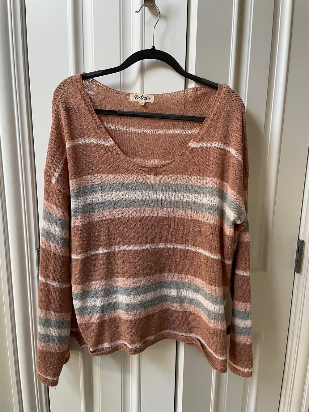 Listicle Women's Striped V-Neck Sweater - Dusty Rose, Cream & Gray Blue